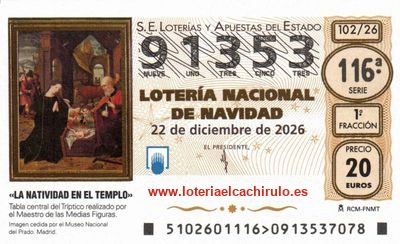 Anverso del d&eacute;cimo 91353 de la Loter&iacute;a de Navidad 2026, de C&aacute;diz